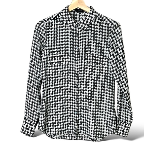 ARITZIA BABATON 100% Silk Black / White Houndstooth Button Front Shirt US Sz XXS - Picture 3 of 9